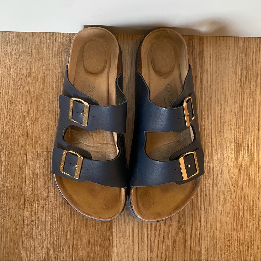 Navy Double Strap Sandals with Buckles